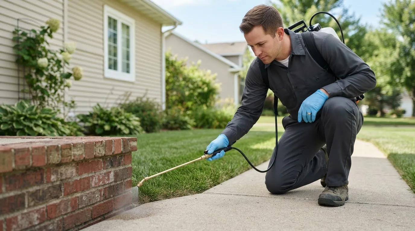 Pest control technician treating a home near Stovall, NC