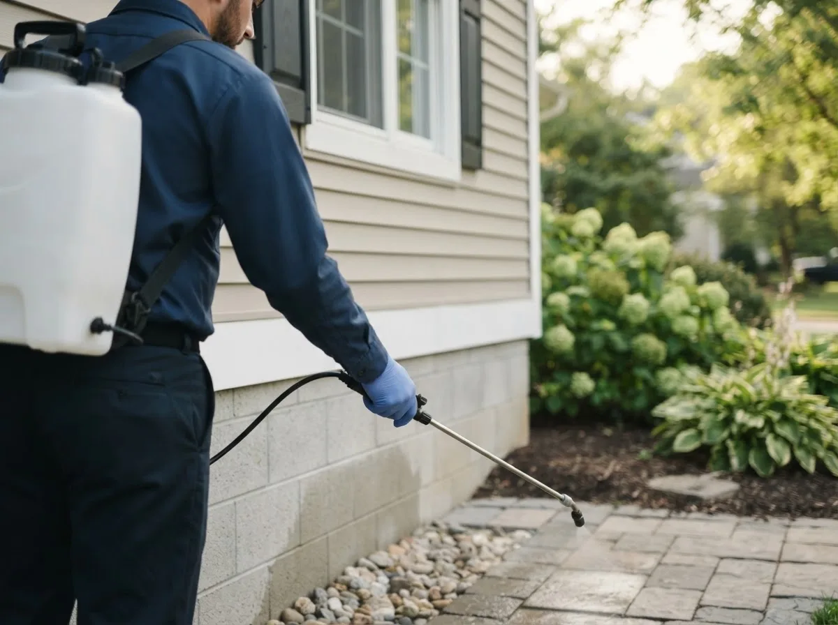 Pest control technician inspecting a home in Stovall, NC